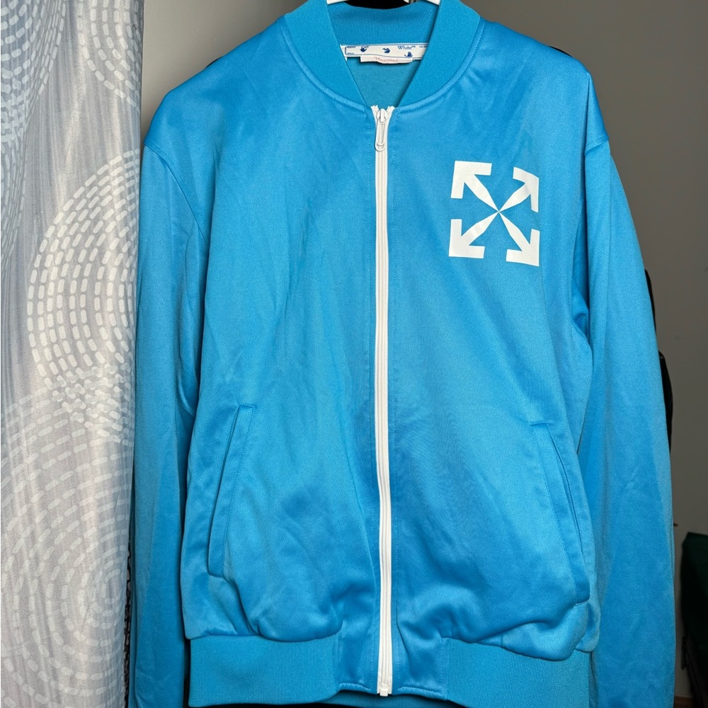 Off-White Blue Bomber Jacket with Graphic Design